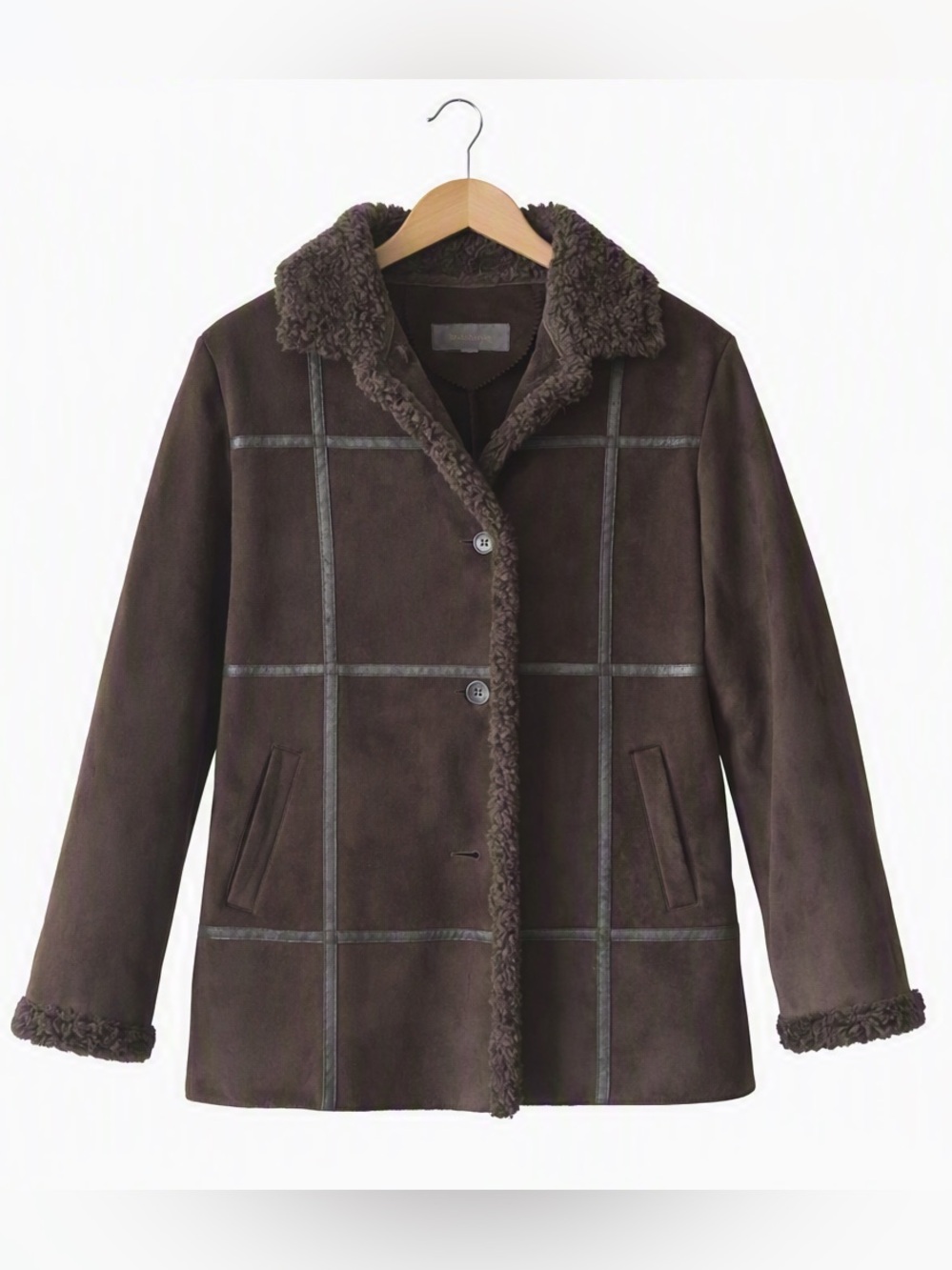 Liz Claiborne Chocolate Brown Shearling-Like Trim Vegan Suede Jacket